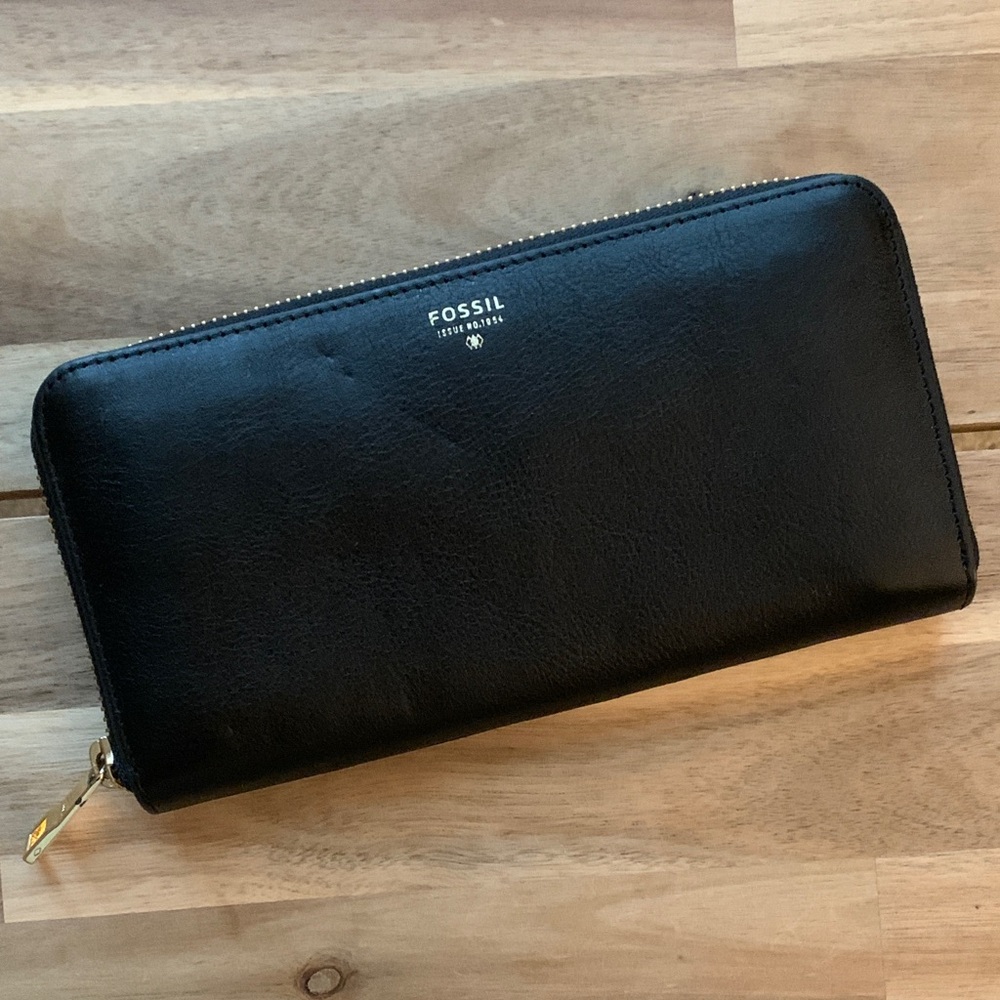 Fossil long black leather wallet